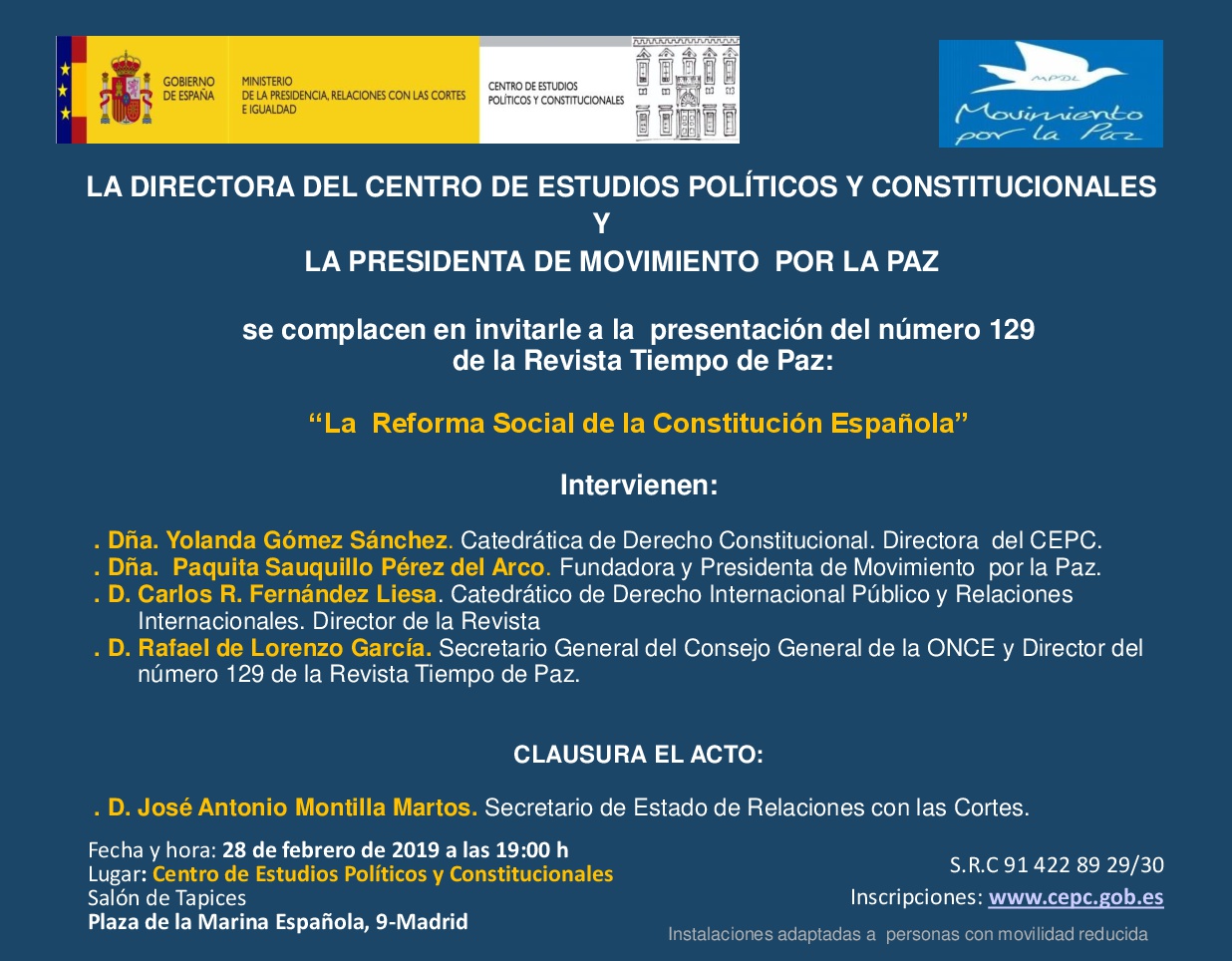 Presentación del número 129  de la Revista Tiempo de Paz: “La  Reforma Social de la Constitución Española”
